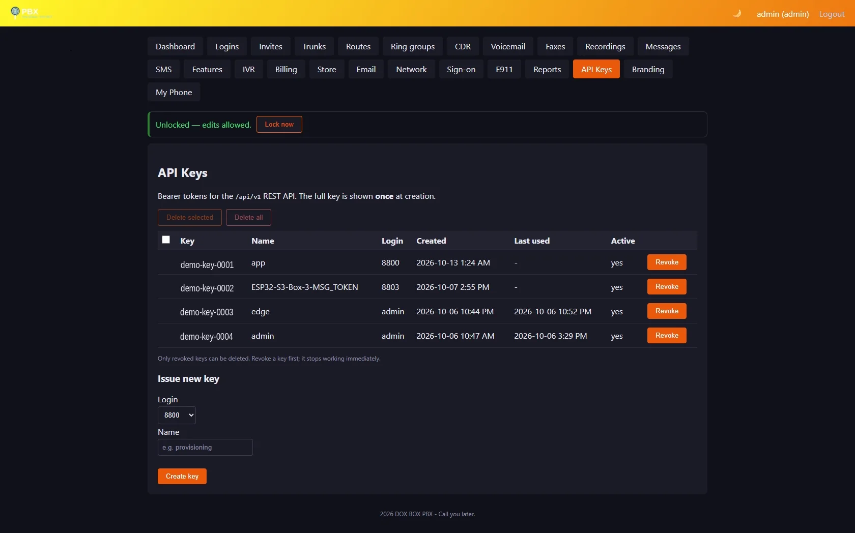 Admin panel API Keys page