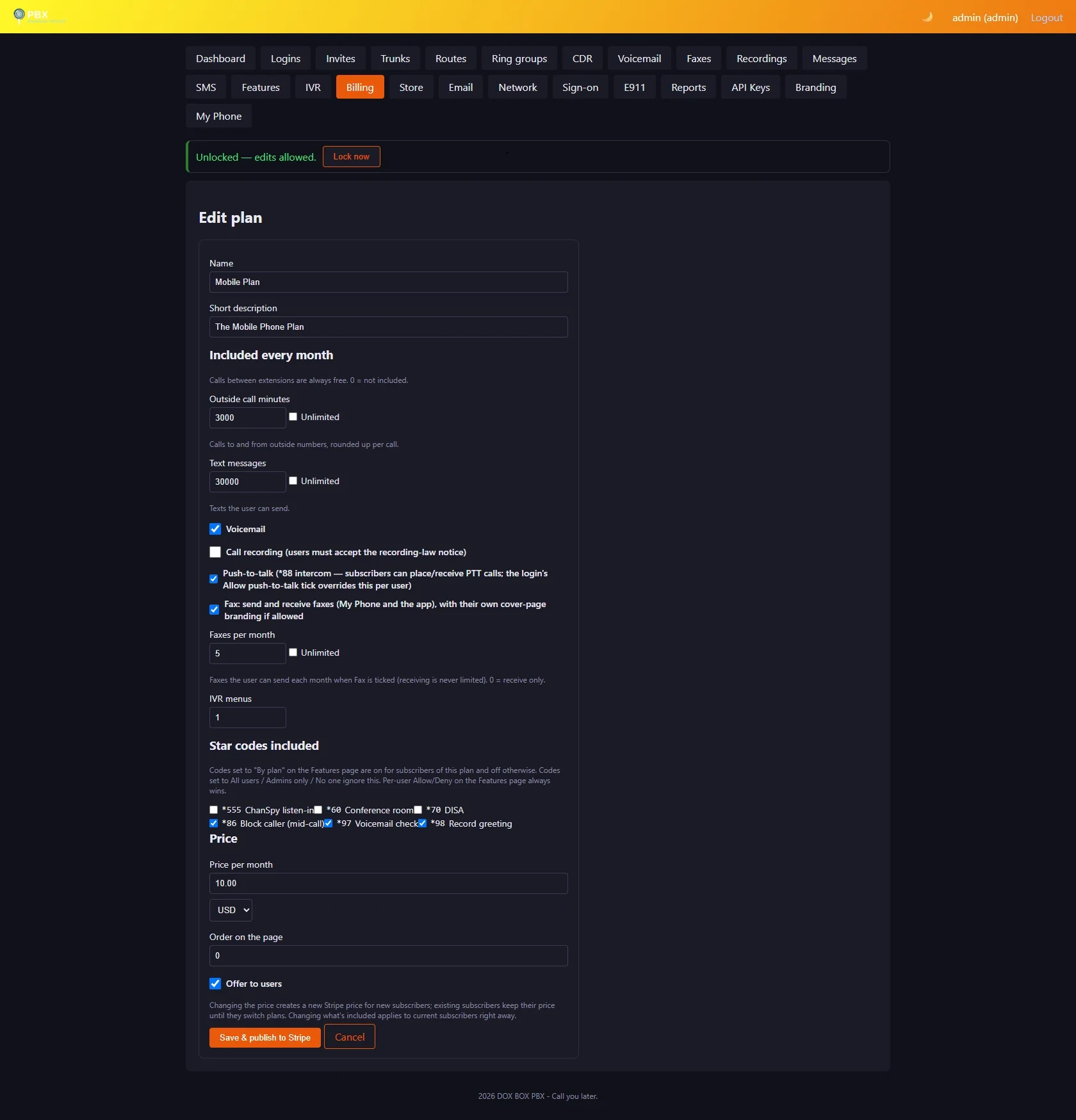 Admin panel Edit plan form