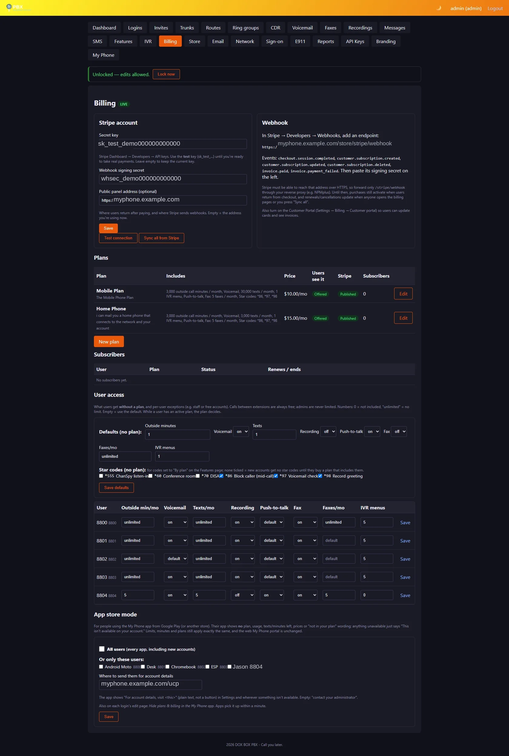 Admin panel Billing page
