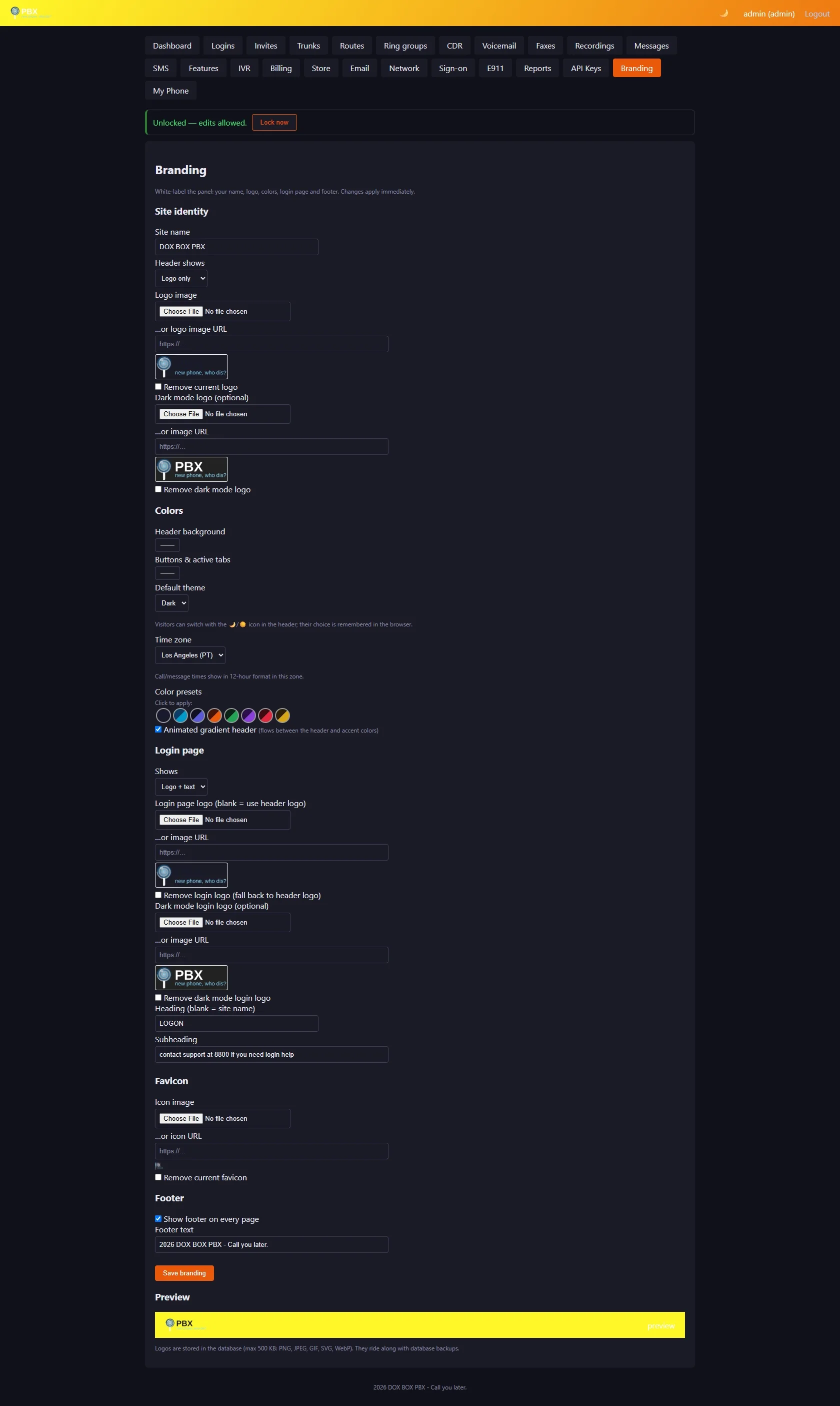Admin panel Branding page