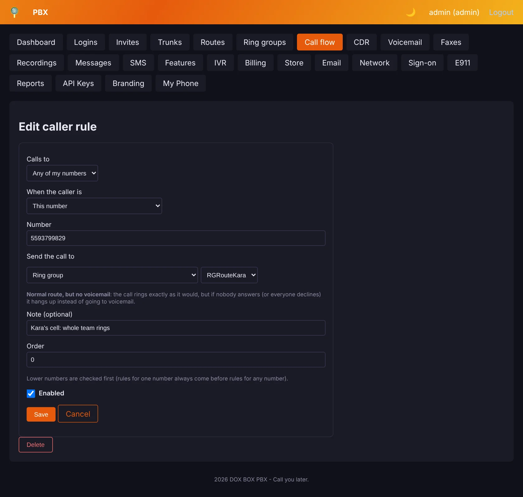 Admin panel Edit caller rule form