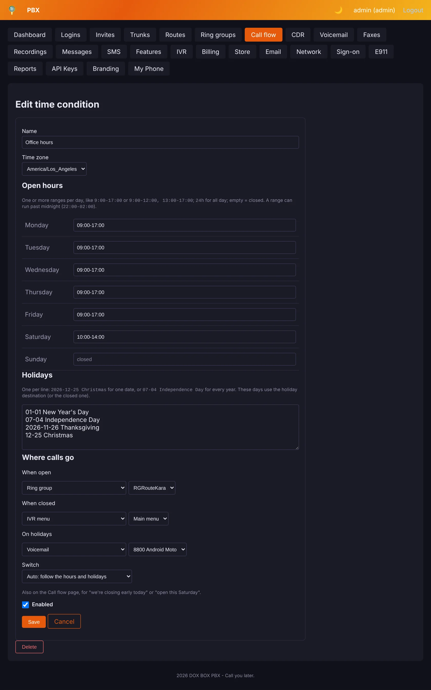 Admin panel Edit time condition form