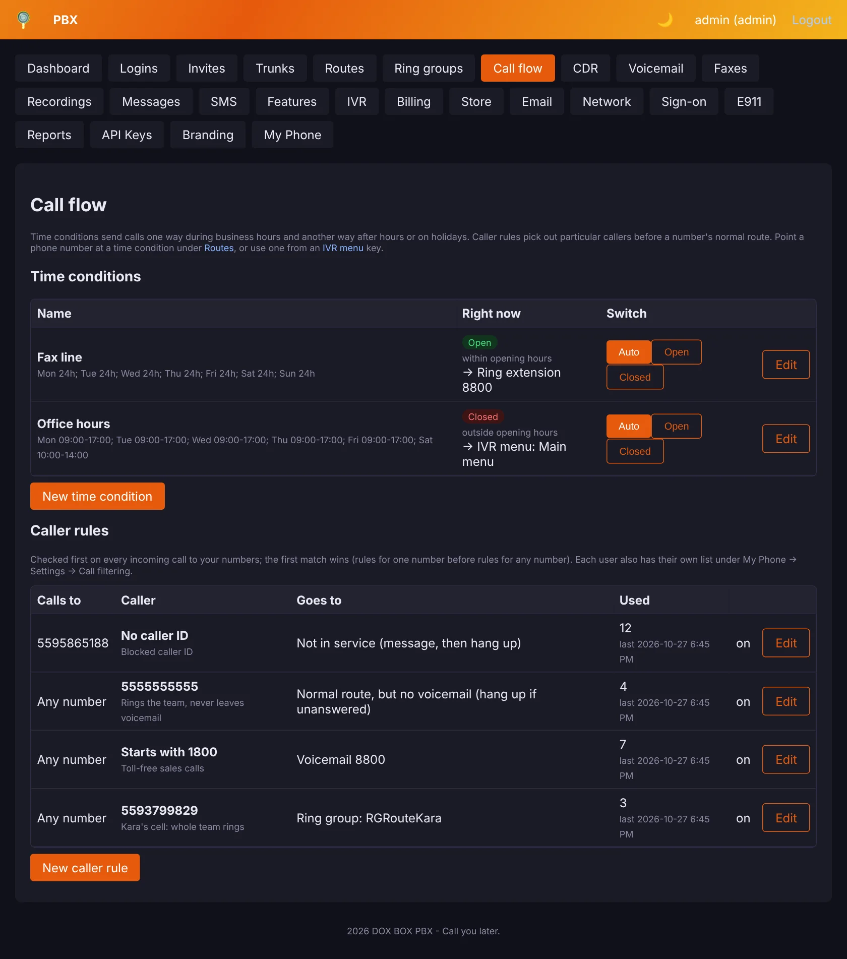 Admin panel Call flow page