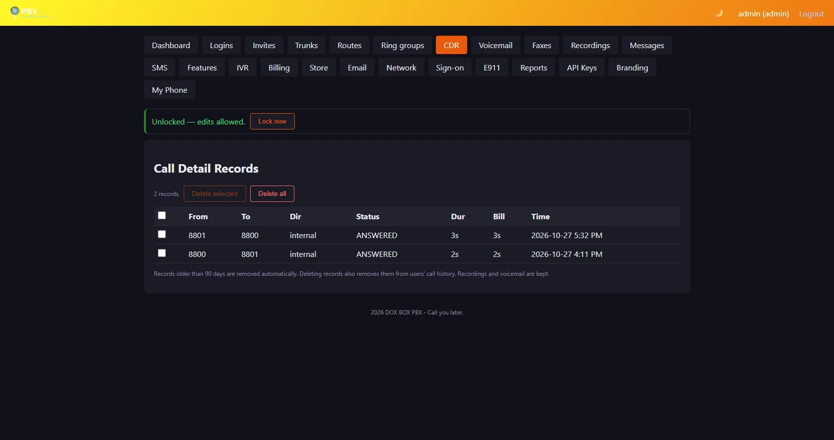 Admin panel CDR page