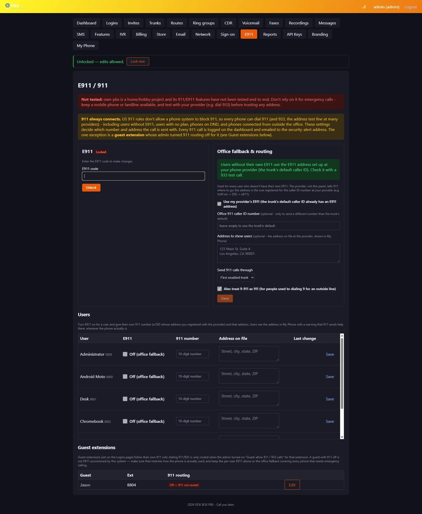 Admin panel E911 page