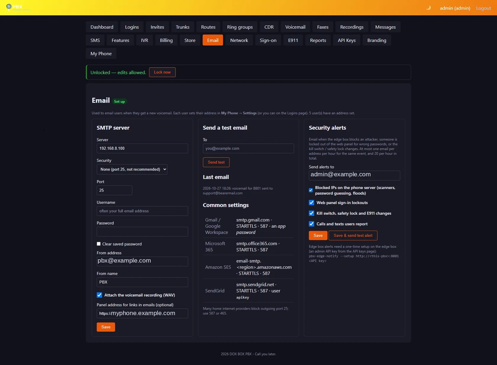 Admin panel Email page