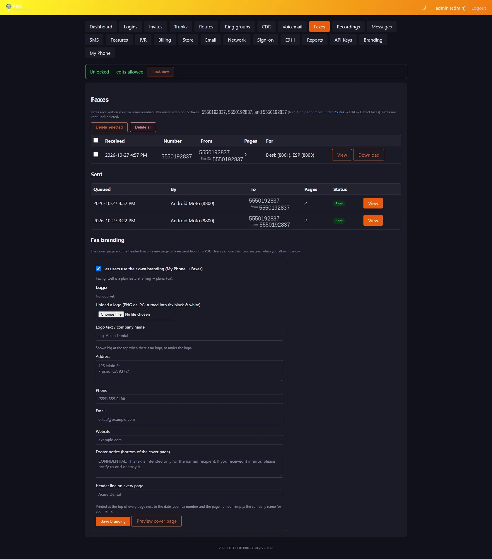 Admin panel Faxes page