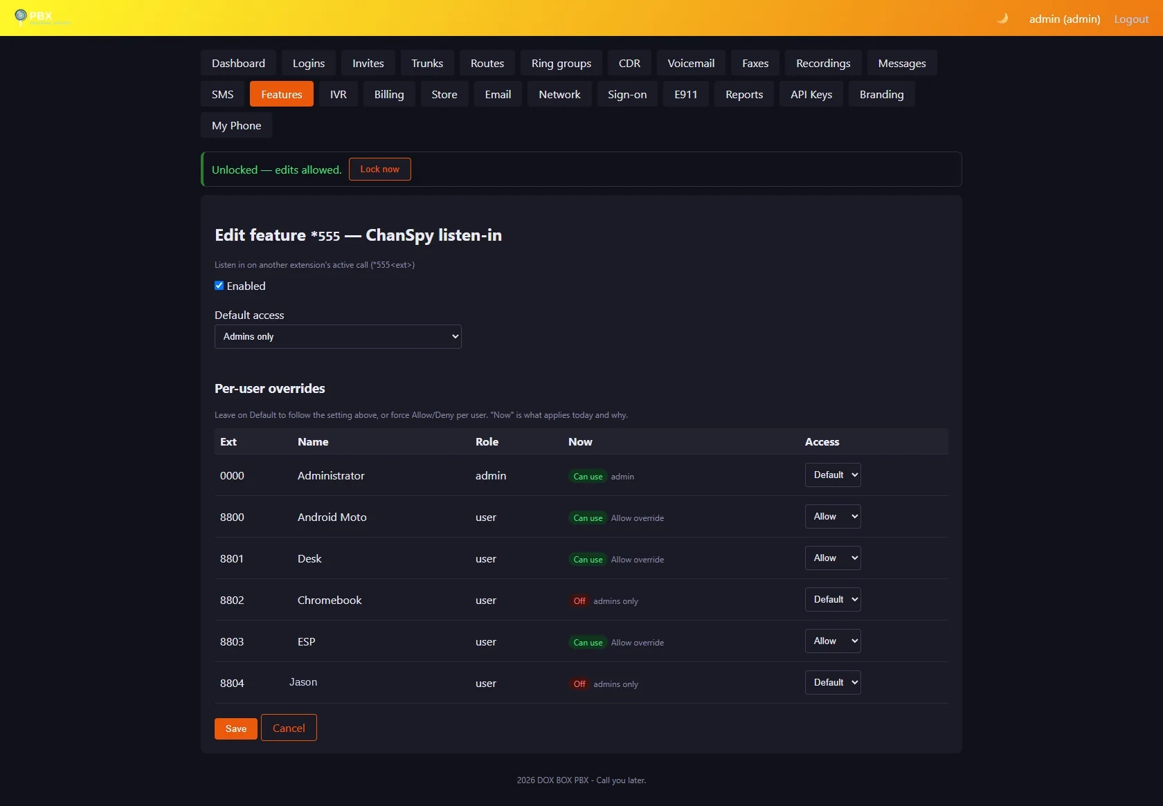 Admin panel Edit feature form