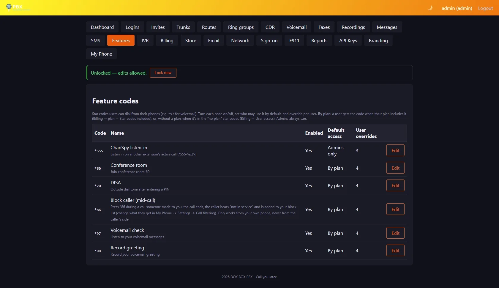 Admin panel Features page