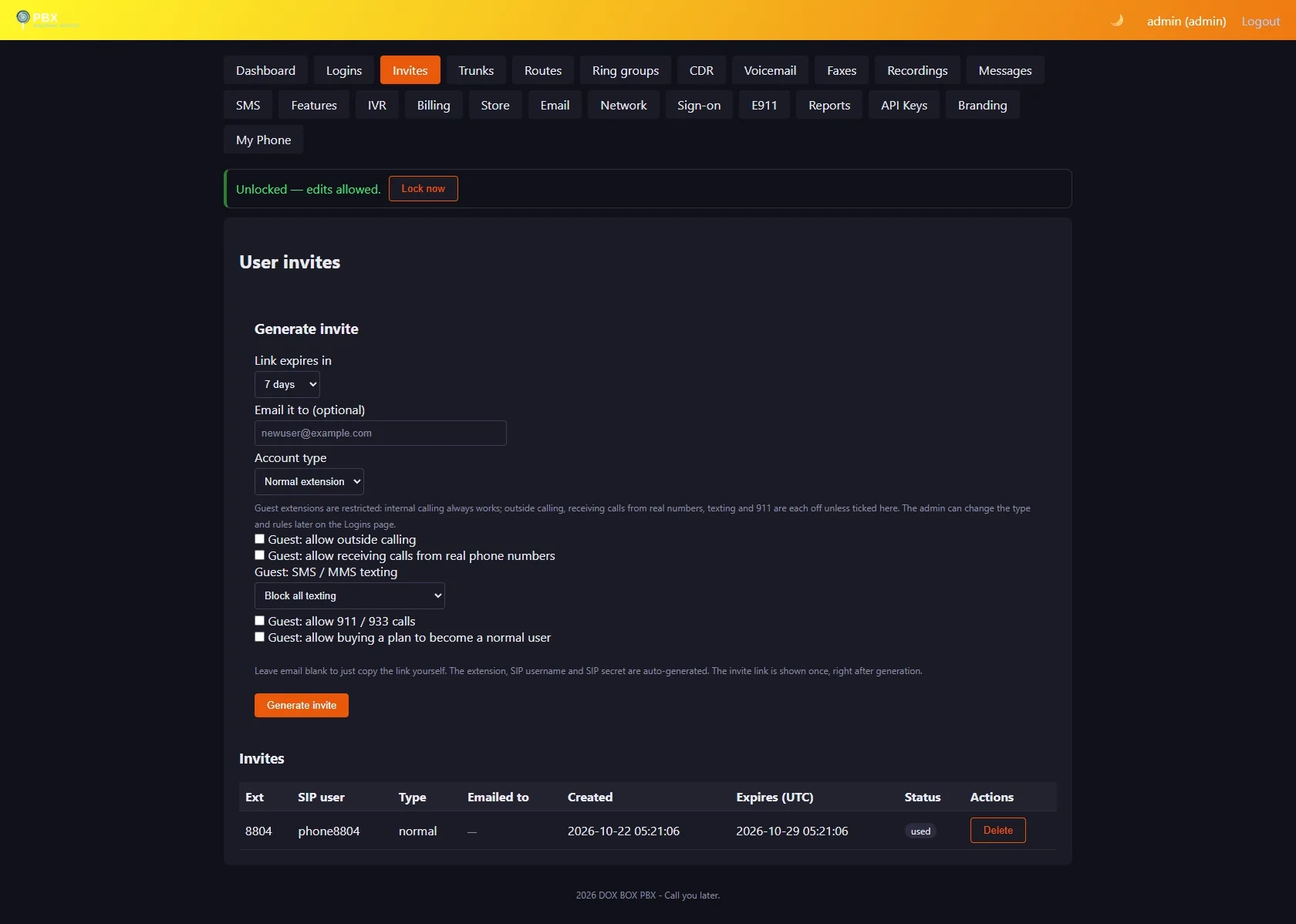 Admin panel Invites page