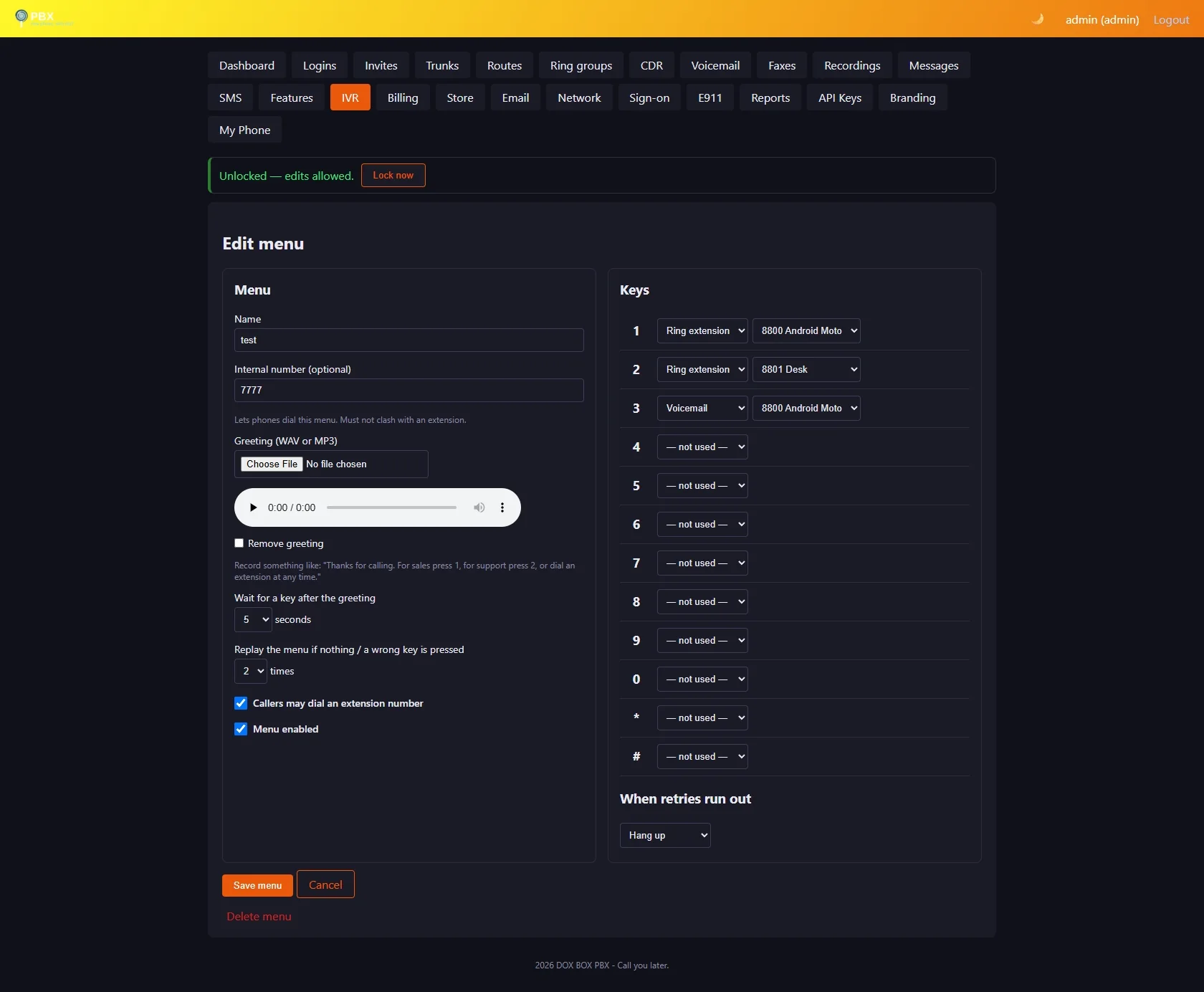 Admin panel Edit menu form