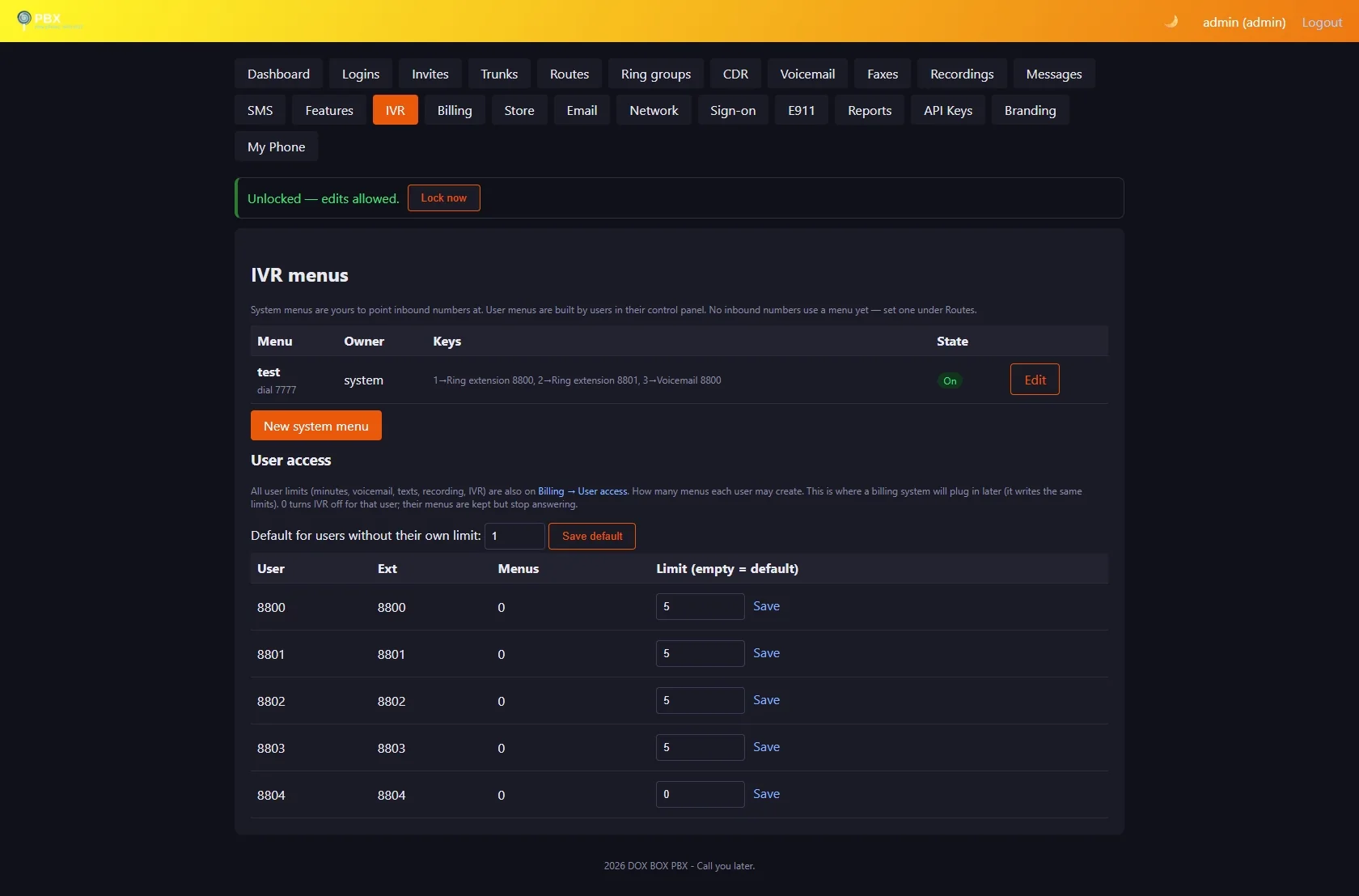 Admin panel IVR page