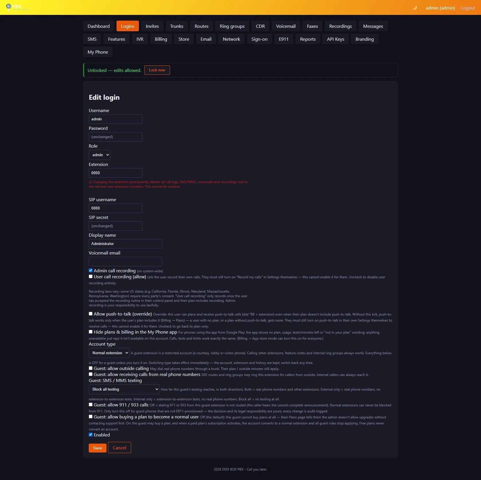 Admin panel Edit login form