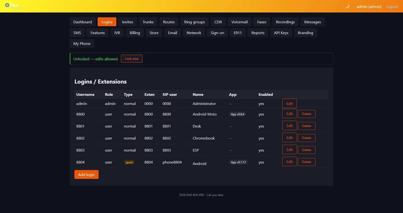 Admin panel Logins / Extensions page