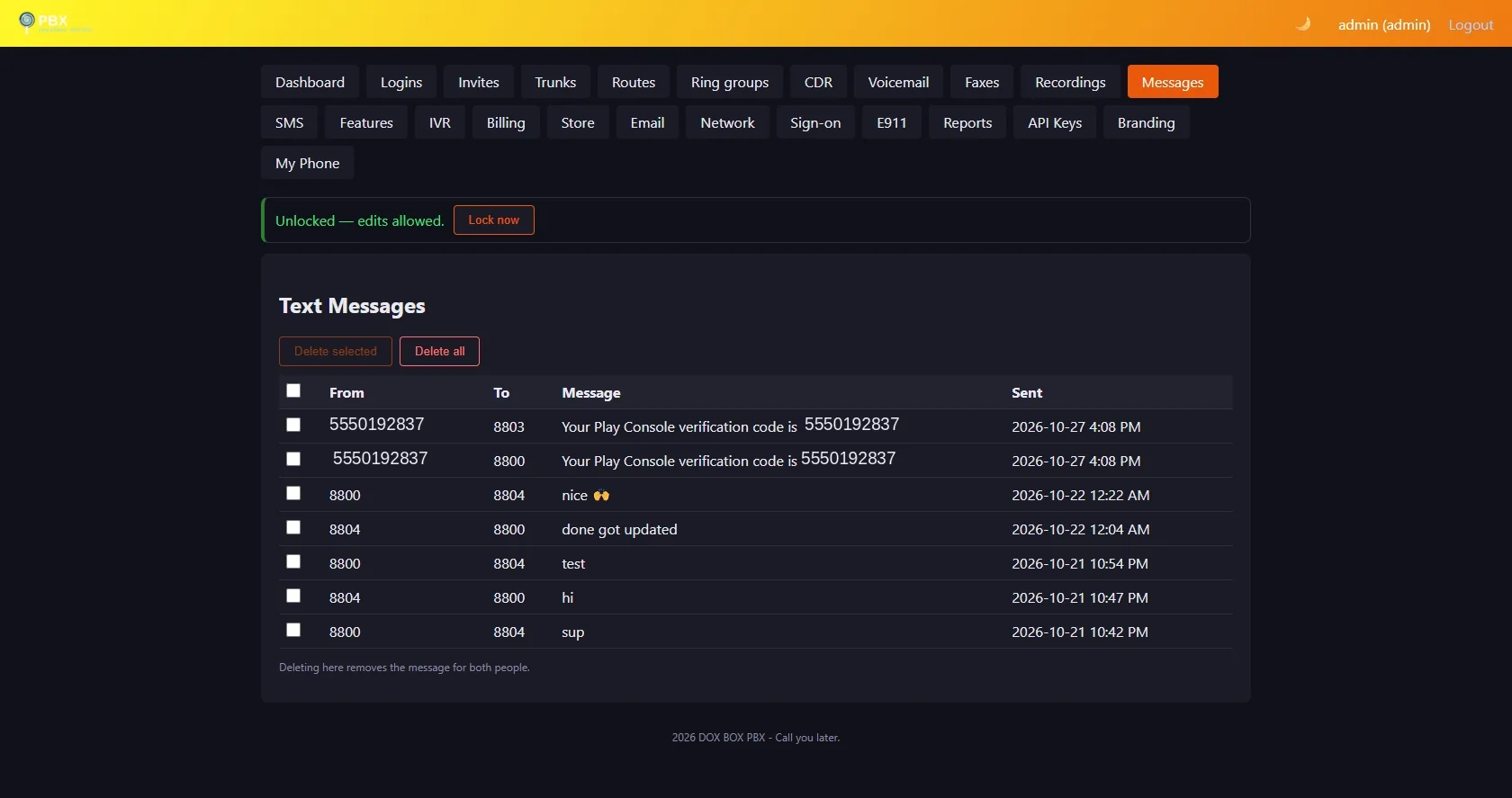 Admin panel Messages page