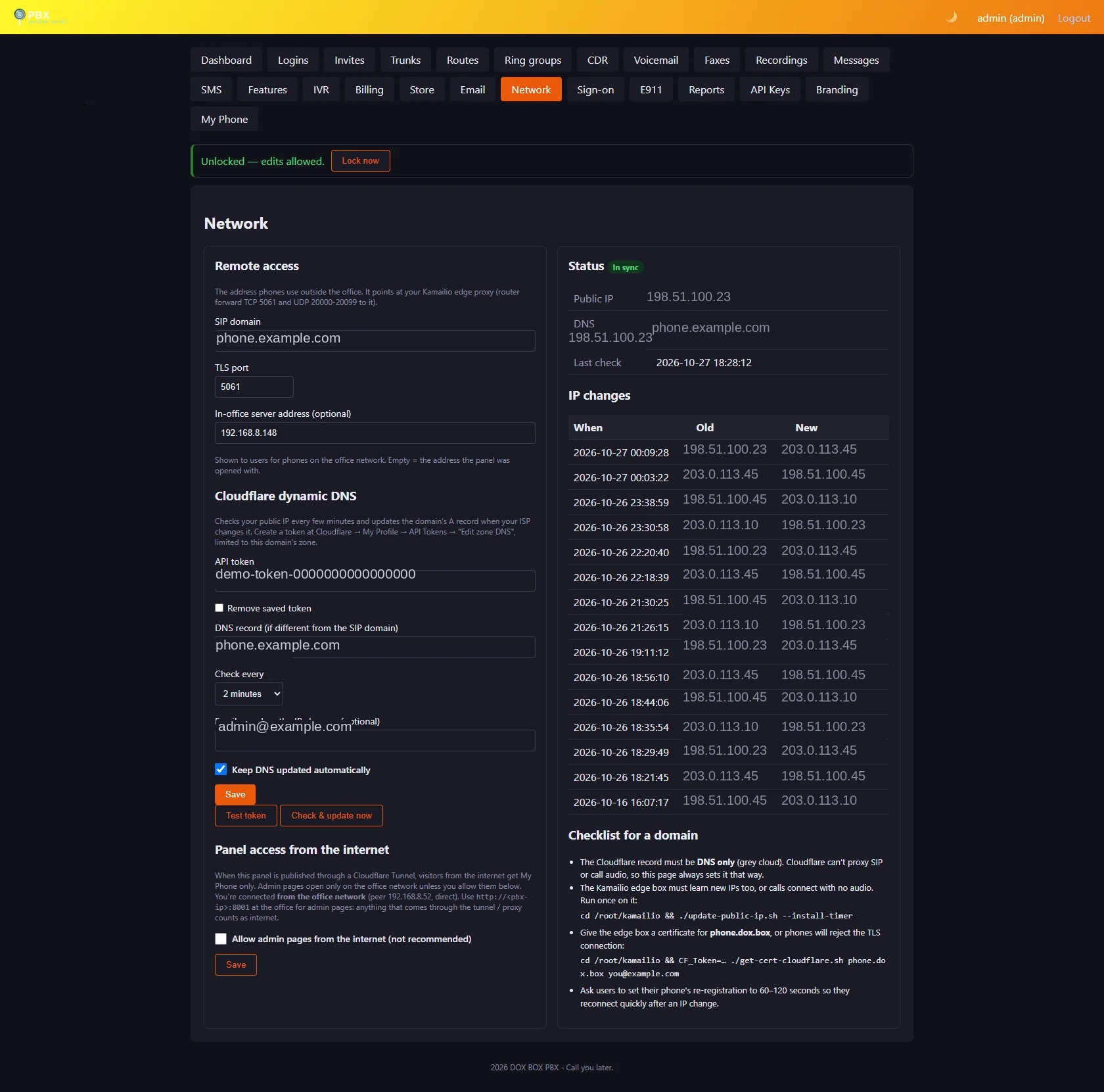 Admin panel Network page