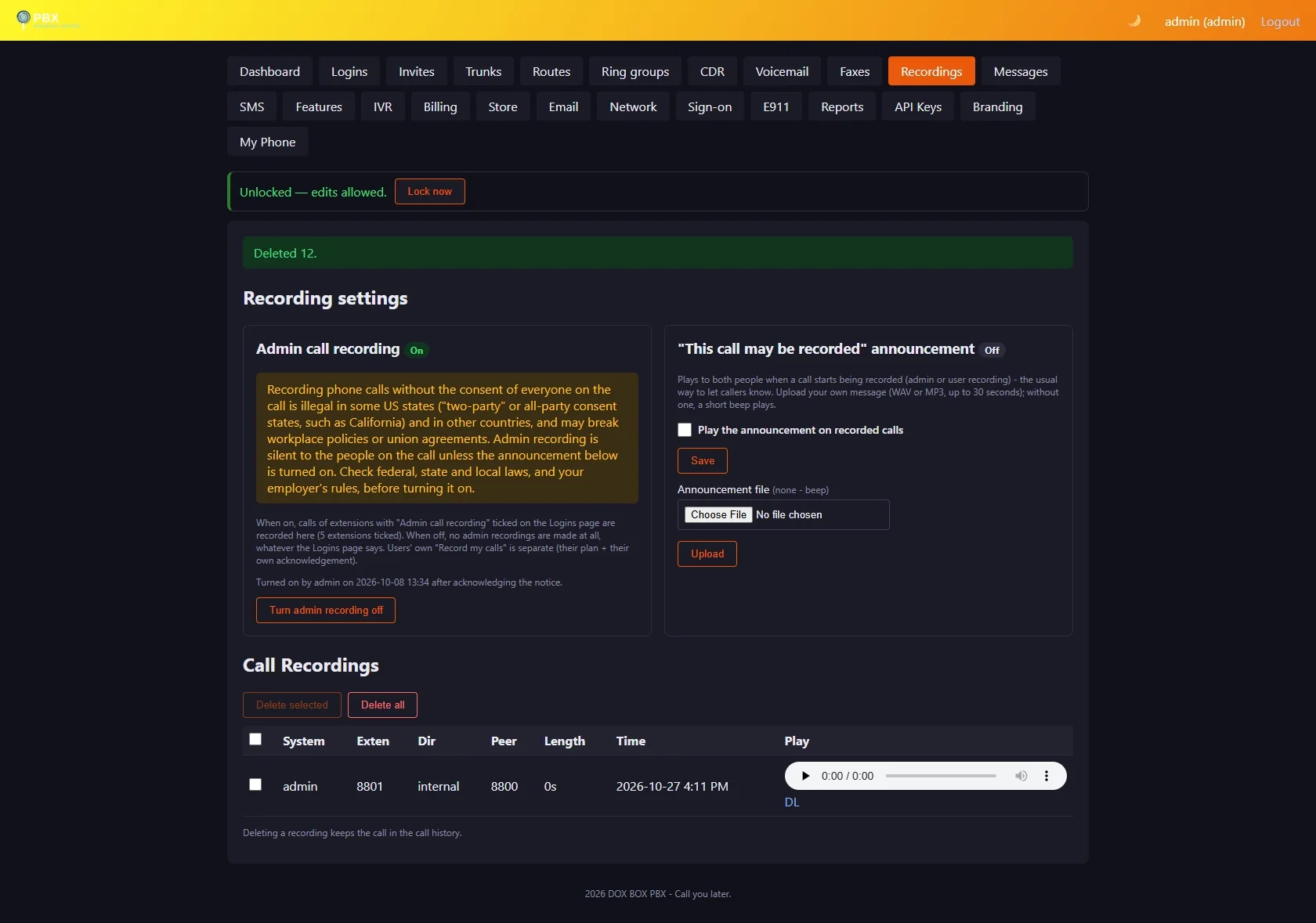 Admin panel Recordings page