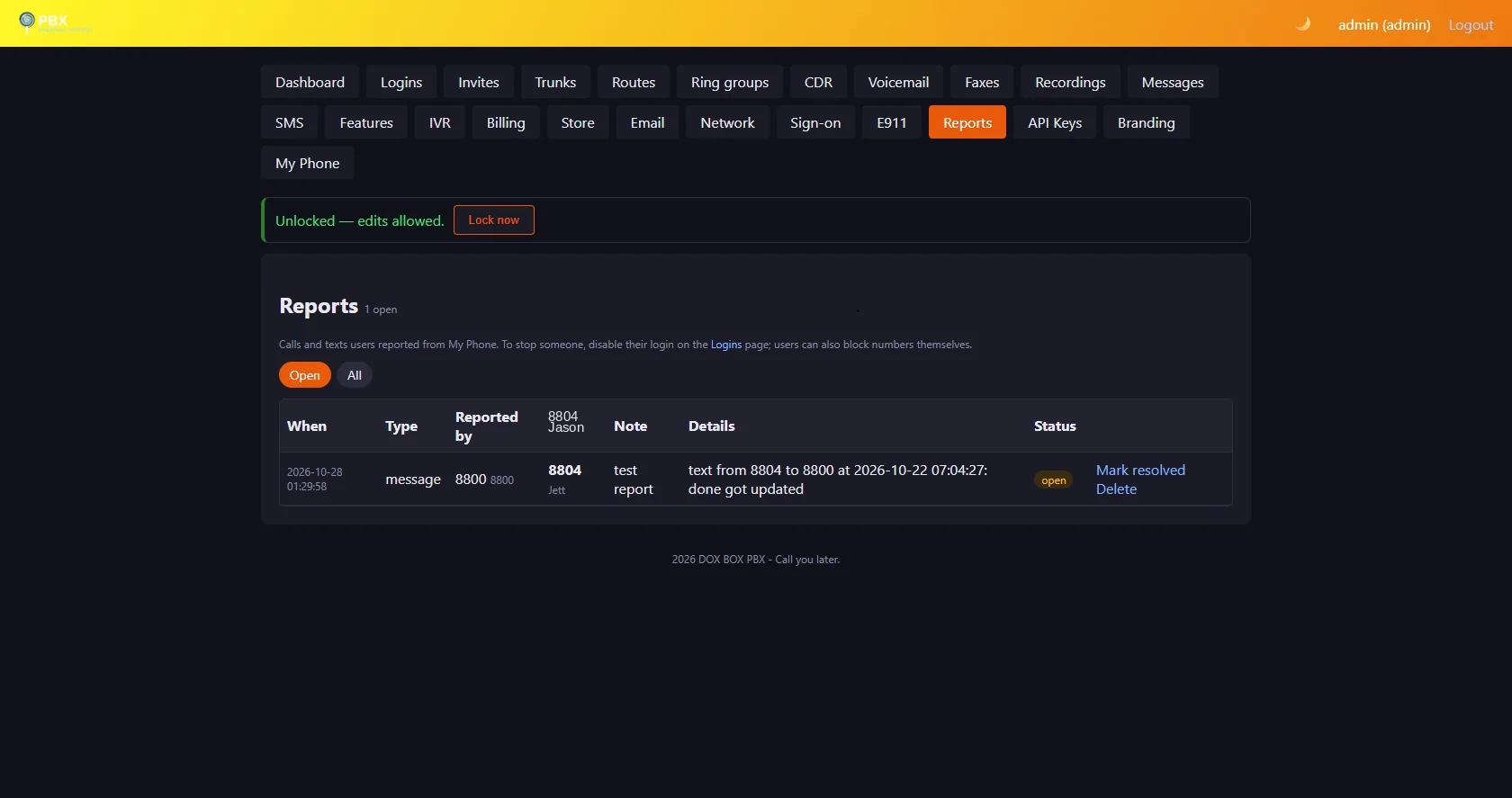 Admin panel Reports page