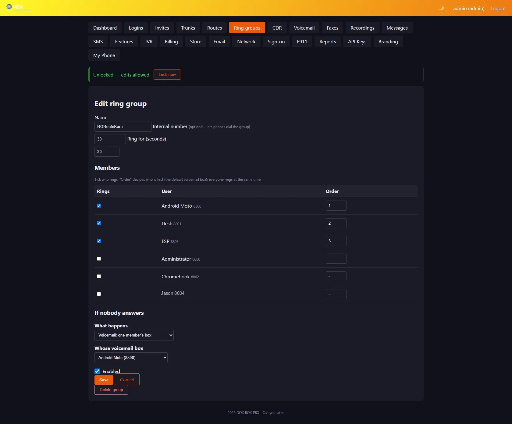 Admin panel Edit ring group form
