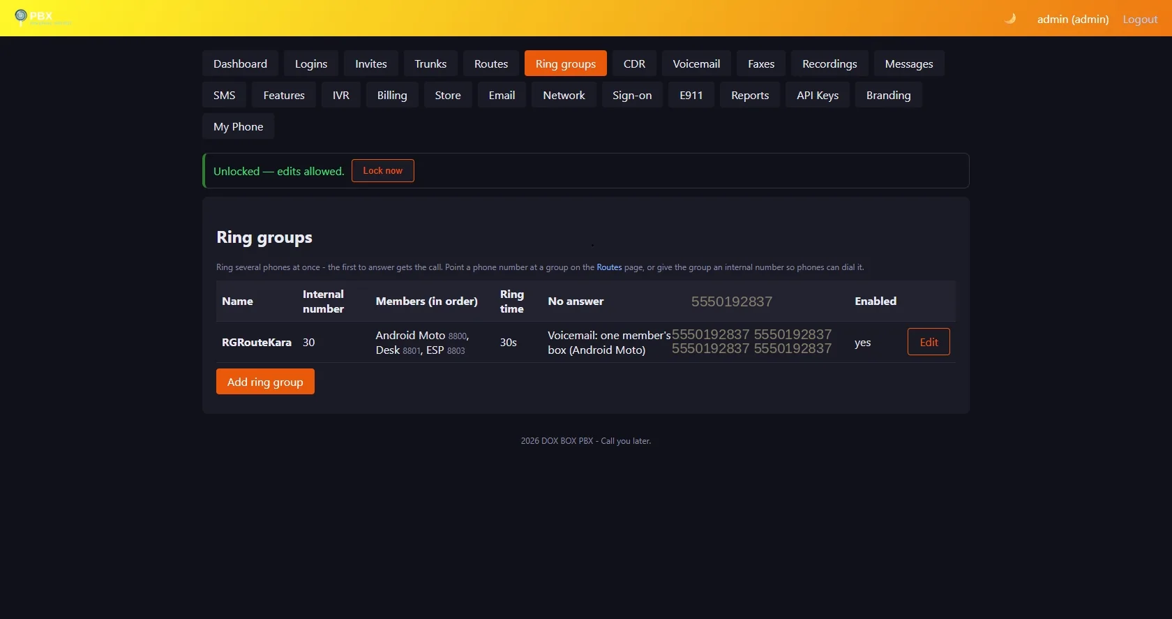 Admin panel Ring groups page