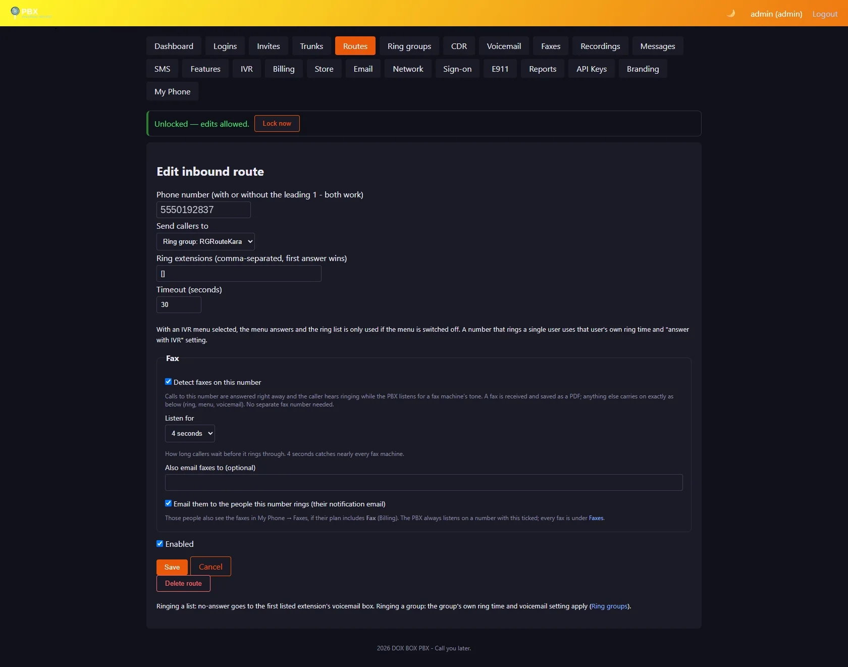 Admin panel Edit inbound route form