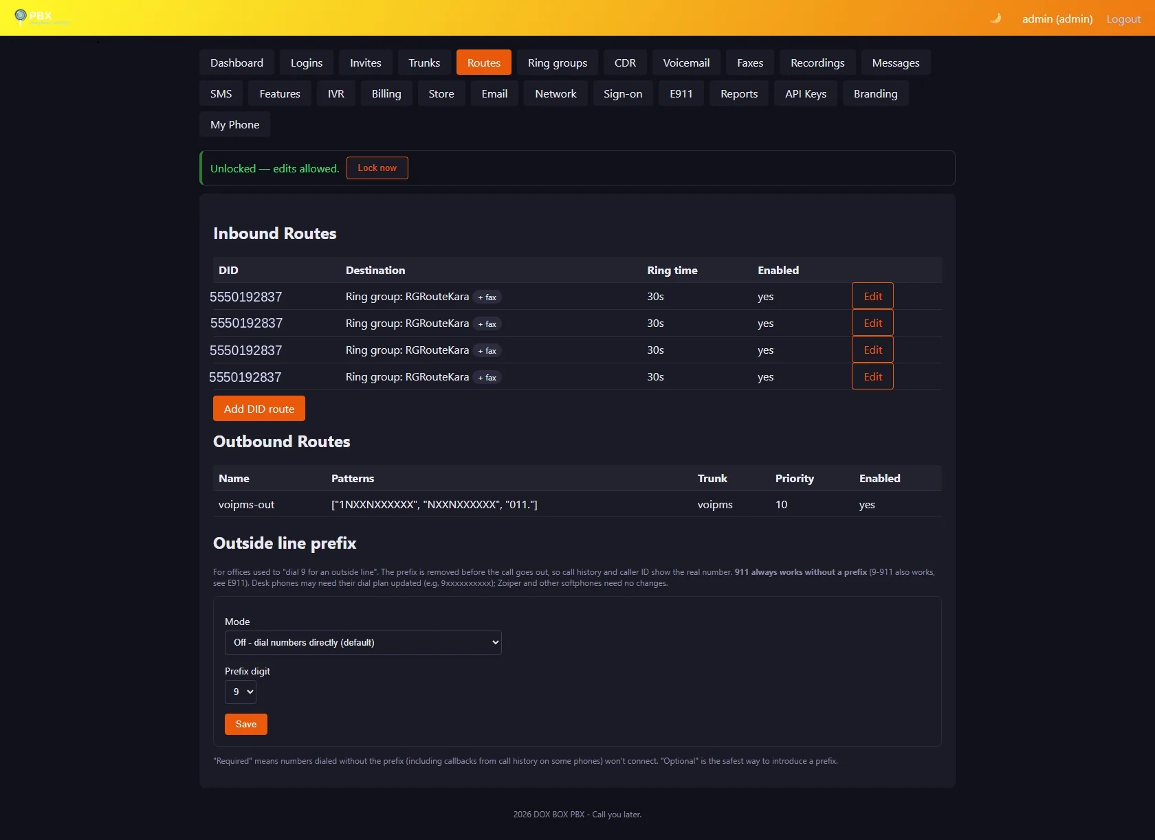 Admin panel Routes page