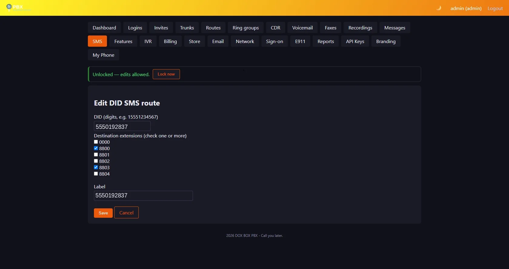 Admin panel Edit SMS route form
