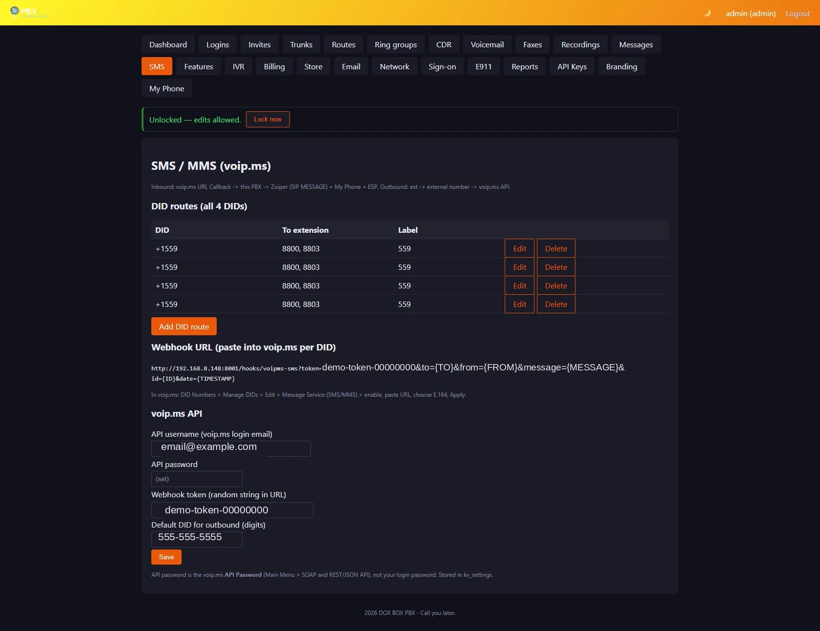 Admin panel SMS / MMS page