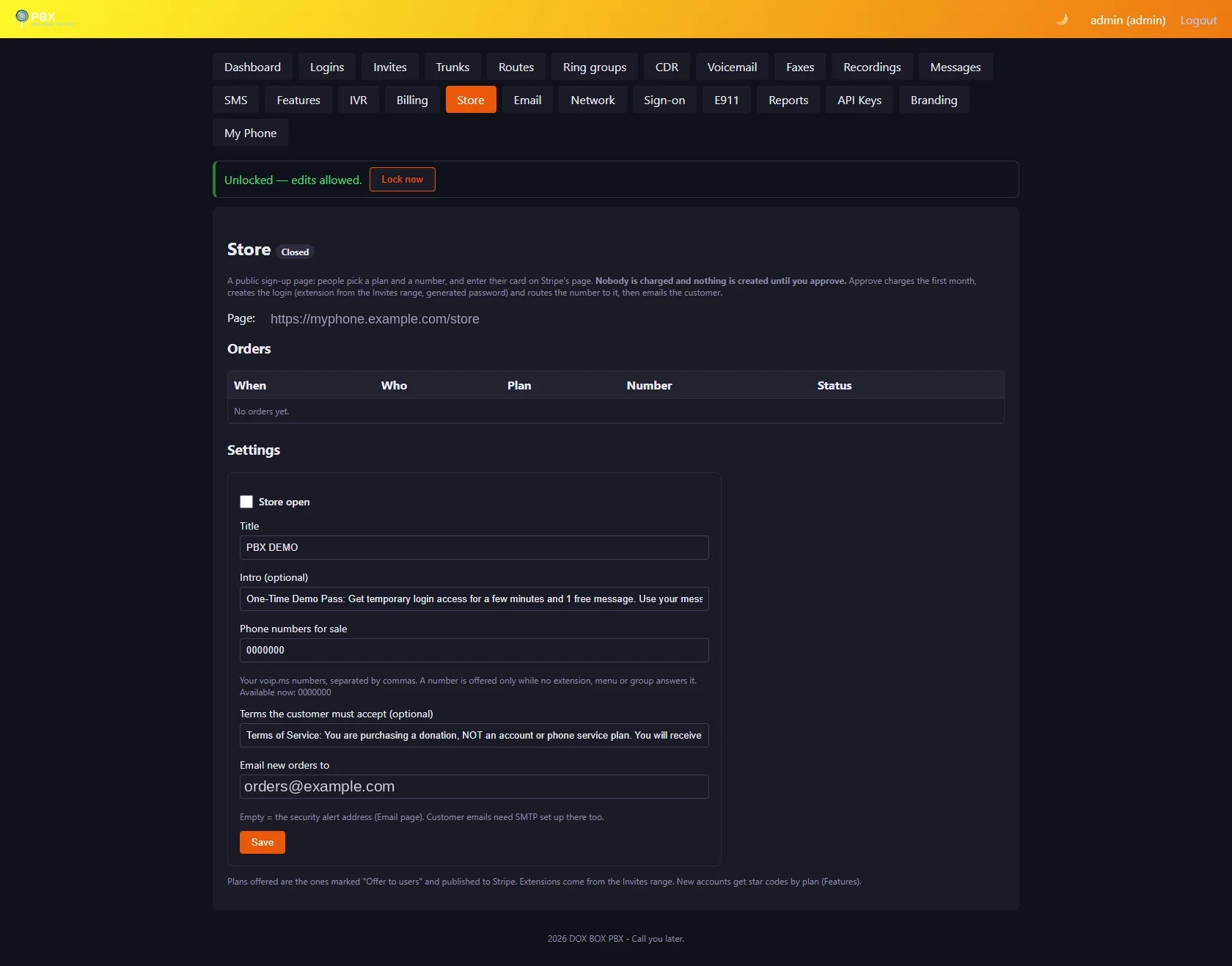 Admin panel Store page