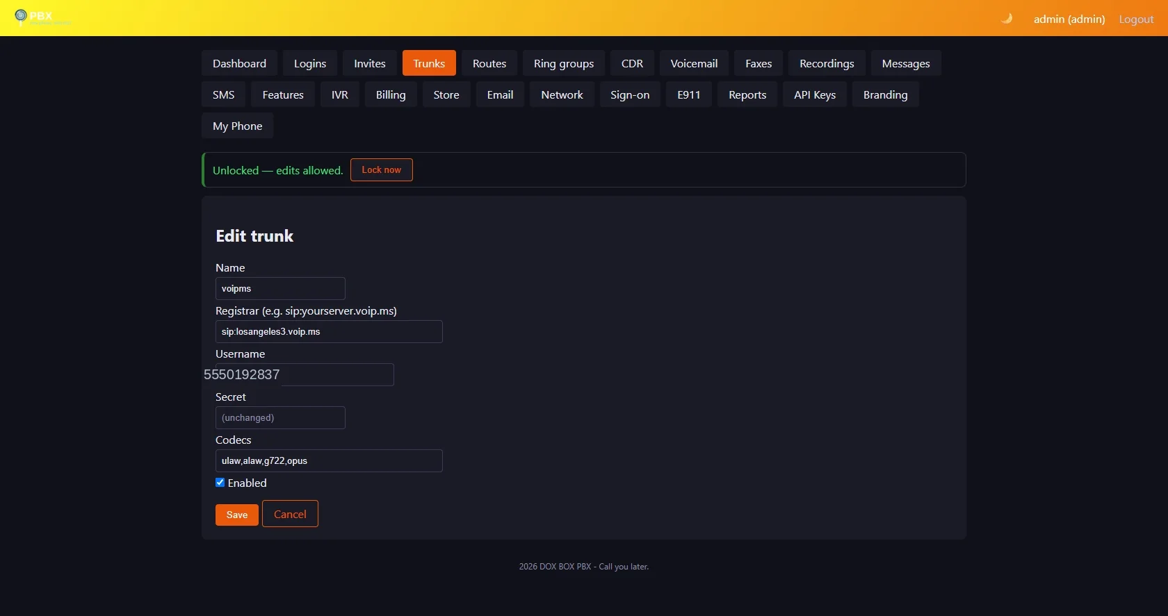 Admin panel Edit trunk form