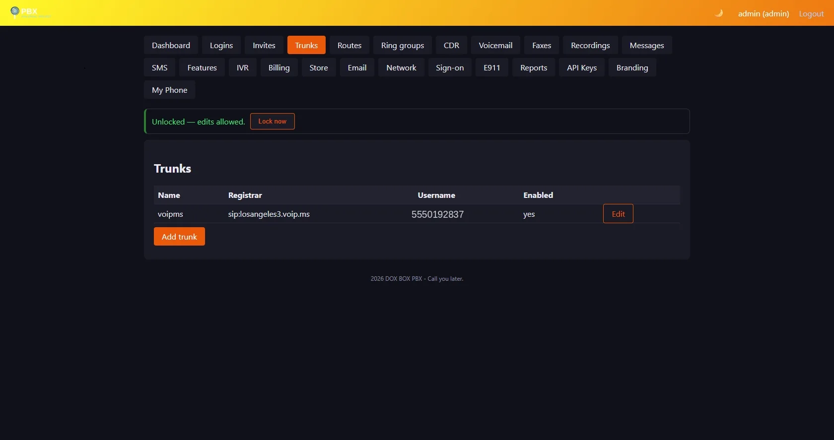 Admin panel Trunks page