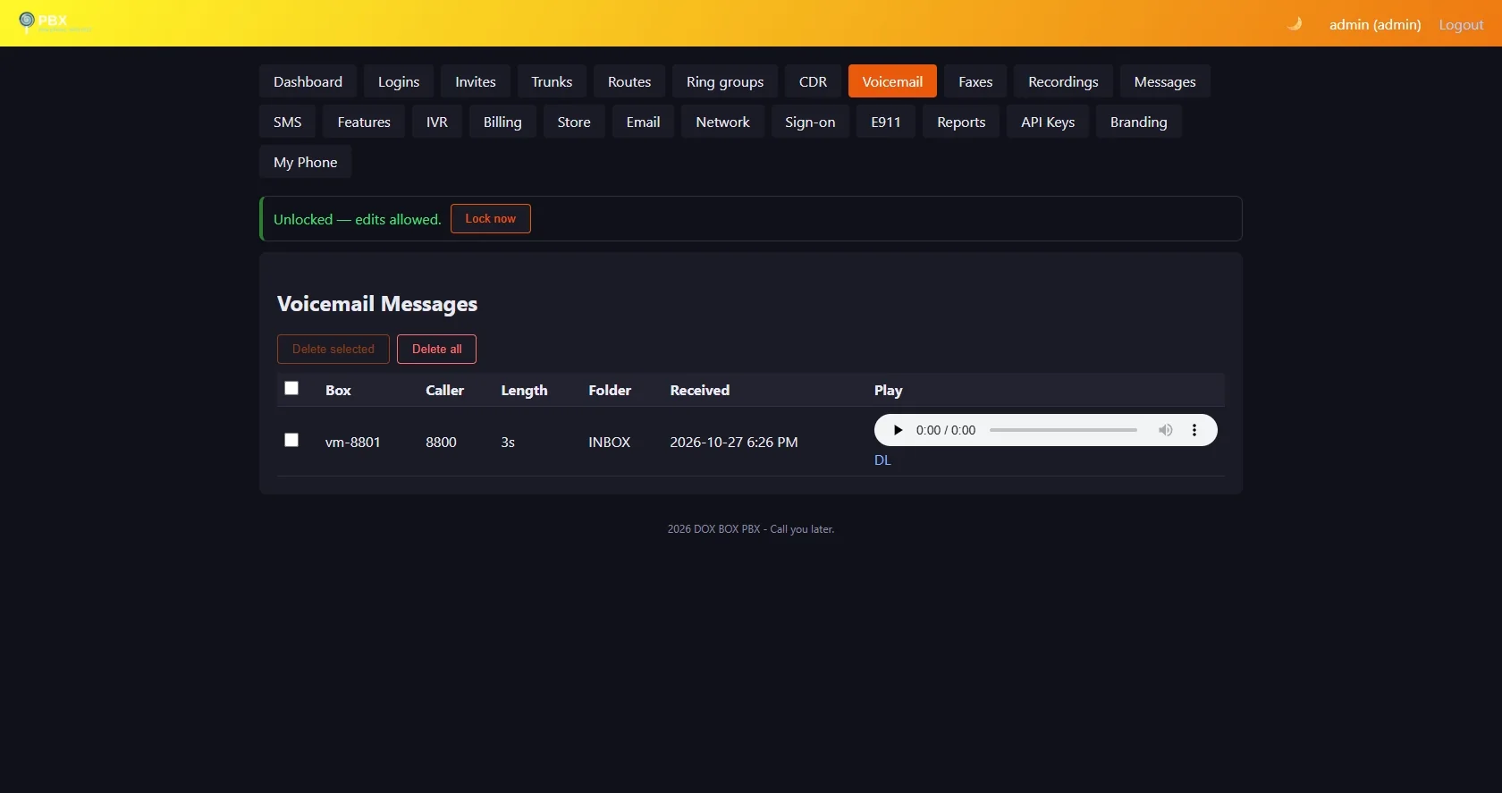 Admin panel Voicemail page